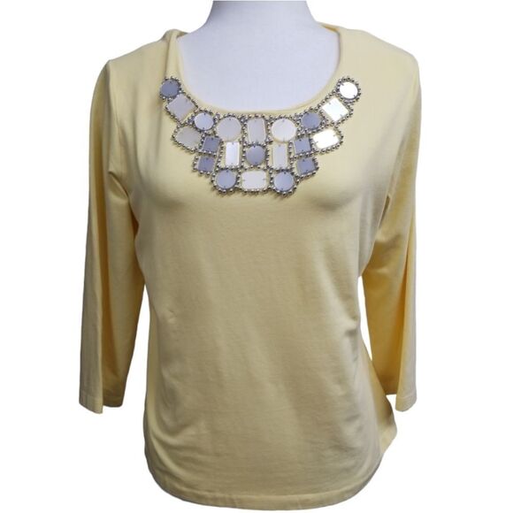 Ruby Rd Scoop Neck Embellished Short Sleeve Yellow Tee Size Medium - Picture 1 of 7